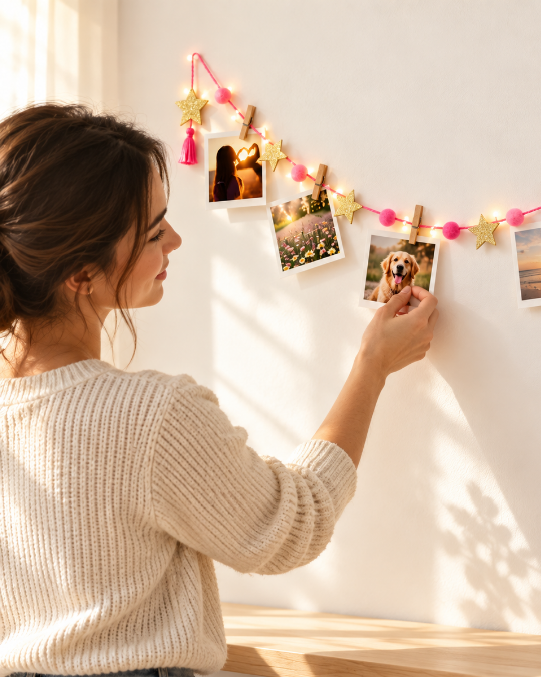 Tira de luces con pompones y broches para fotos - Imagen 3